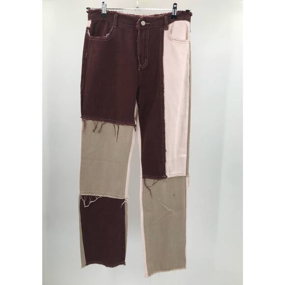 SHEIN Burgundy Pink Tan Patch High Rise Loose Straight Raw Hem Jeans Womens L - Picture 1 of 4